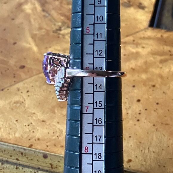 Natural Rose de France Amethyst Sterling Silver Chevron Heart Ring Size 6 - Picture 8 of 9